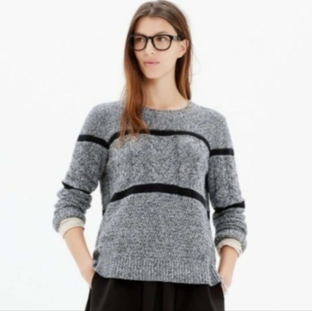 Madewell Grey Mixed Weave  Black Stripe Pullover Marled Sweater Size M